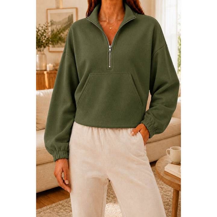 Damen Kurz geschnittener Sweatshirt-Pullover mit halbem Reißverschluss und Kängurutasche Drune