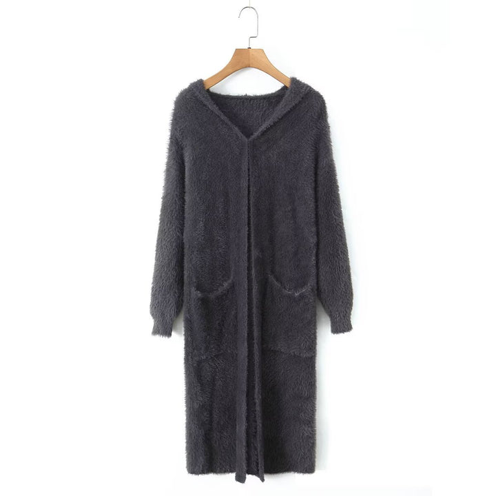 Damen Kuscheliger Langstrickmantel mit Kapuze und praktischen Taschen Drune