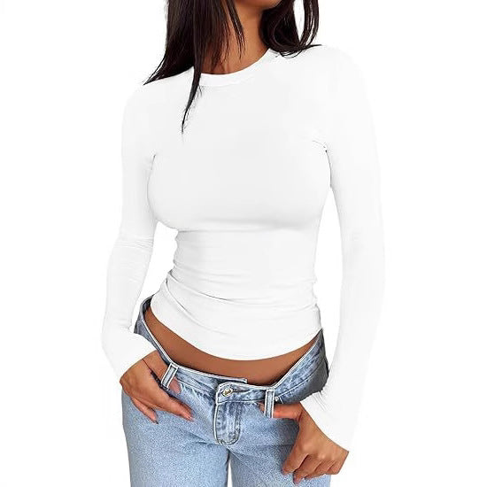 Damen Körpernahes Langarmshirt im Cropped-Look mit verlängerten Ärmeln und Daumenloch Drune