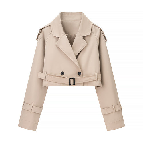 Damen cropped Trenchjacke im modernen Design mit Taillengürtel und doppelter Knopfreihe Drune