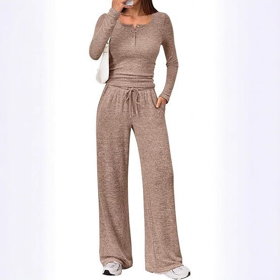 Damen Zweiteiliges Feinstrick-Lounge-Set mit Henley-Top und Palazzo-Hose Drune