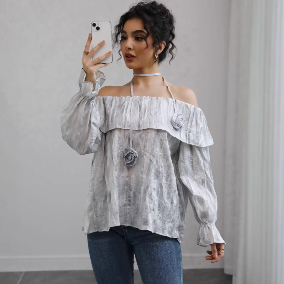 Damen Schulterfreies Crinkle-Blusentop mit Volant, Ballonärmeln und Choker Drune