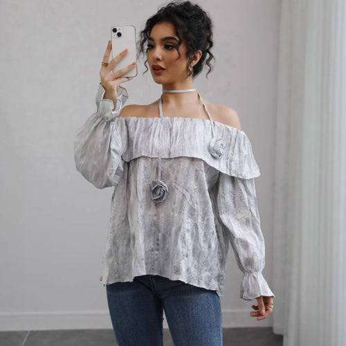 Damen Schulterfreies Crinkle-Blusentop mit Volant, Ballonärmeln und Choker Drune