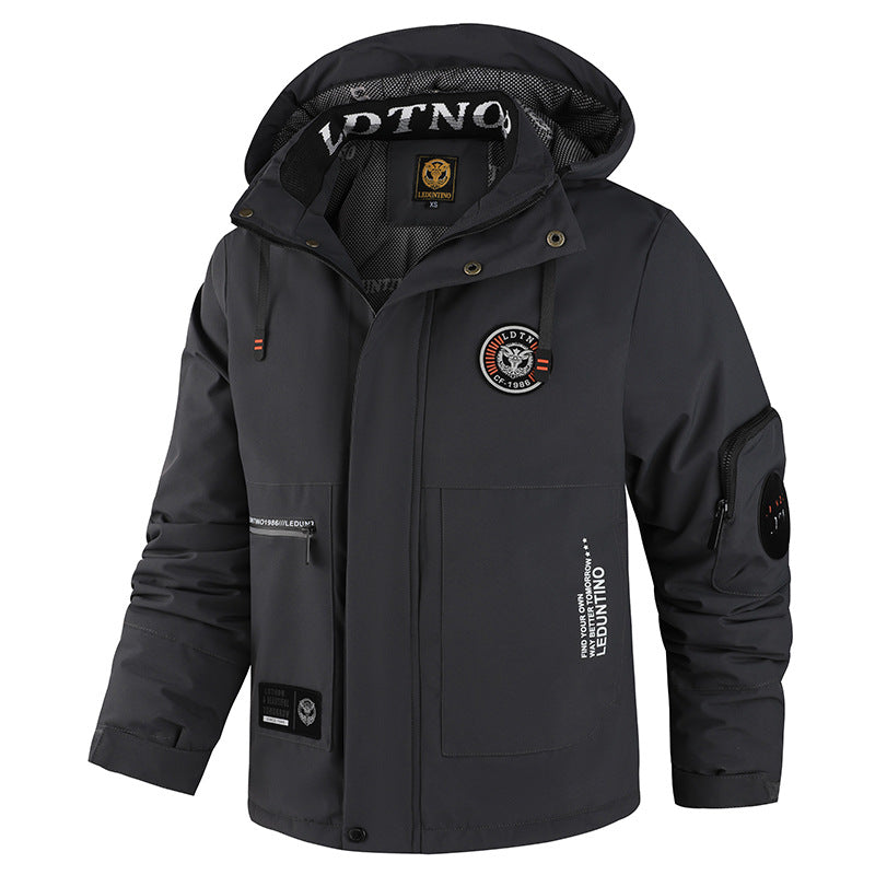 Herren nan winddichte gefütterte Fieldjacke mit Kapuze und multifunktionalen Reißverschlusstaschen Drune