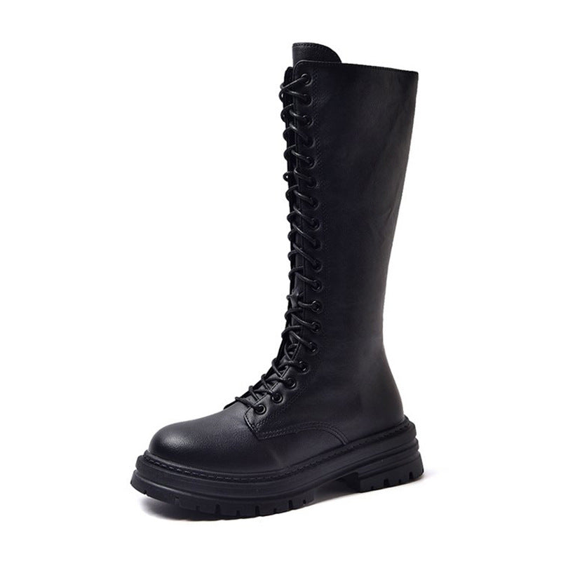 Damen Kniehohe Schnürstiefel mit seitlichem Reißverschluss und grober Profilsohle Drune