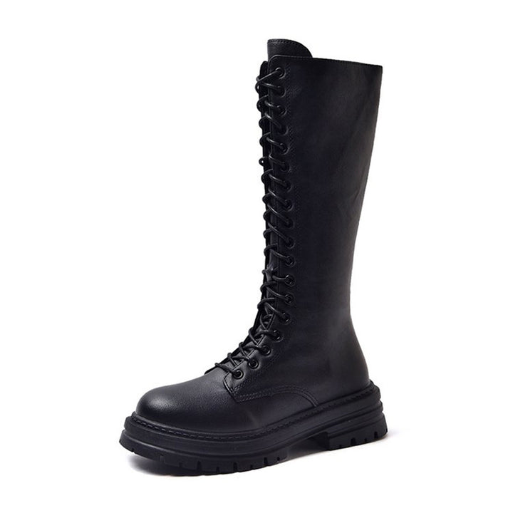 Damen Kniehohe Schnürstiefel mit seitlichem Reißverschluss und grober Profilsohle Drune