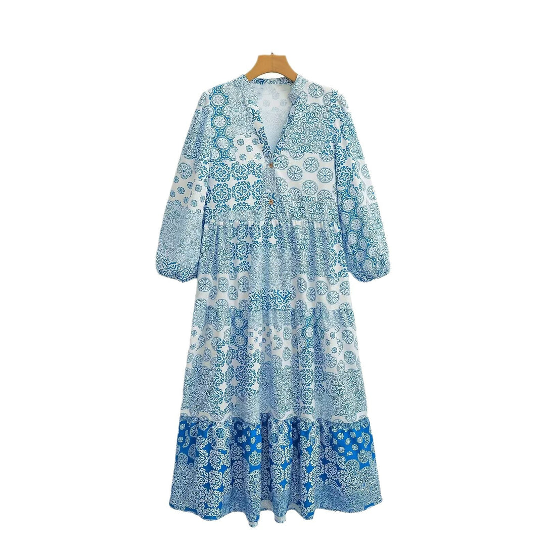 Damen Maxi‑Kleid im Patchwork‑Print mit V‑Ausschnitt, Stufenrock und 3/4‑Ärmeln Drune