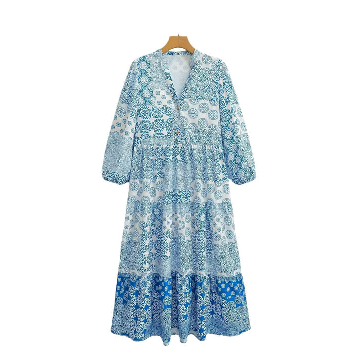 Damen Maxi‑Kleid im Patchwork‑Print mit V‑Ausschnitt, Stufenrock und 3/4‑Ärmeln Drune