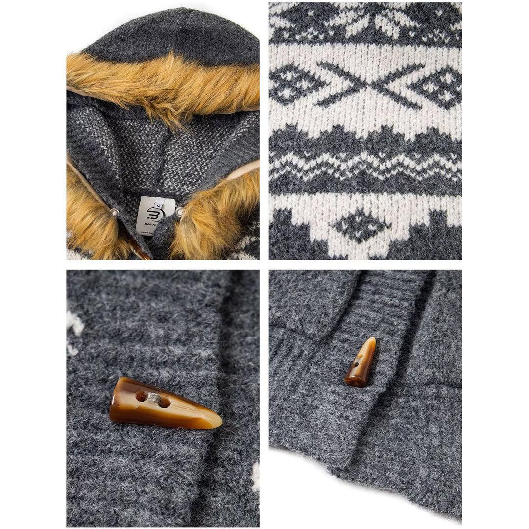 Damen Modische Strickjacke mit Kapuze und kunstfellbesetztem Kragen Drune