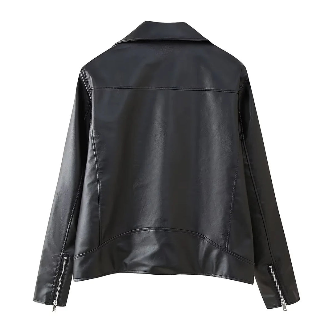 Damen nan taillierte Kunstleder-Bikerjacke mit asymmetrischem Reißverschluss, breitem Revers und Zier-Tasche Drune