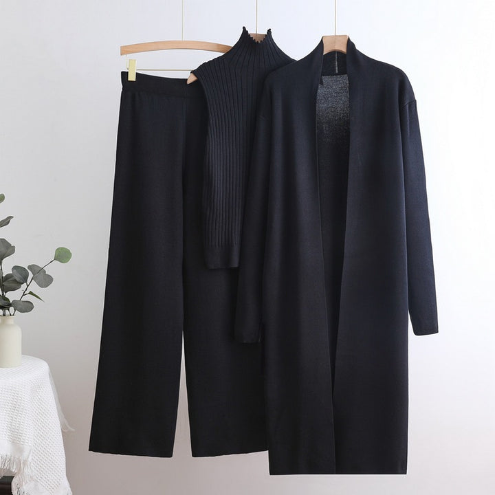 Damen gemütliches Strick-Loungewear-Set mit langem Cardigan und Rippenshirts Drune