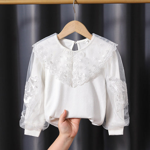 Mädchen Bluse mit transparenten Puffärmeln und floralem Spitzenbesatz Drune
