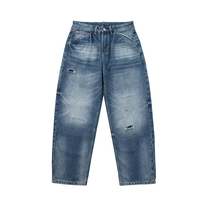 Damen locker geschnittene hochtaillierte Jeans im Used-Look mit ausgefransten Details und Ziernähten Drune