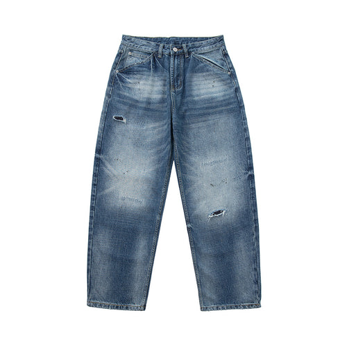 Damen locker geschnittene hochtaillierte Jeans im Used-Look mit ausgefransten Details und Ziernähten Drune