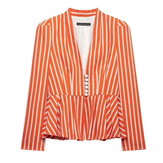Damen Gestreifte Peplum‑Bluse mit tiefem V‑Ausschnitt und Zierknopfleiste Drune