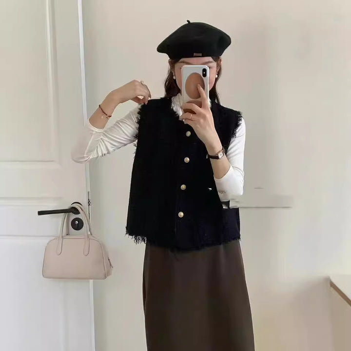 Damen Stufenlose Strickweste mit eleganten Knopfdetails und fransigen Abschlüssen Drune