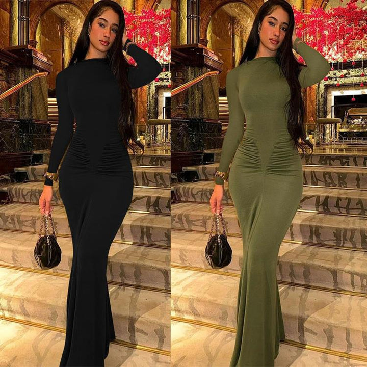 Damen Elegantes Maxikleid mit Raffungen und langem Arm Drune