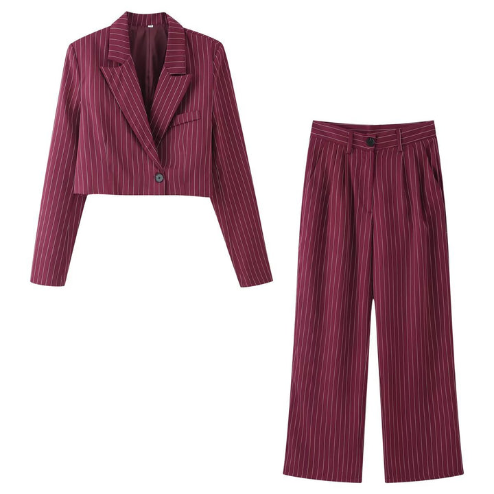 Damen Zweiteiliges Nadelstreifen-Kurzblazer mit hochgeschnittener weiter Hose Drune