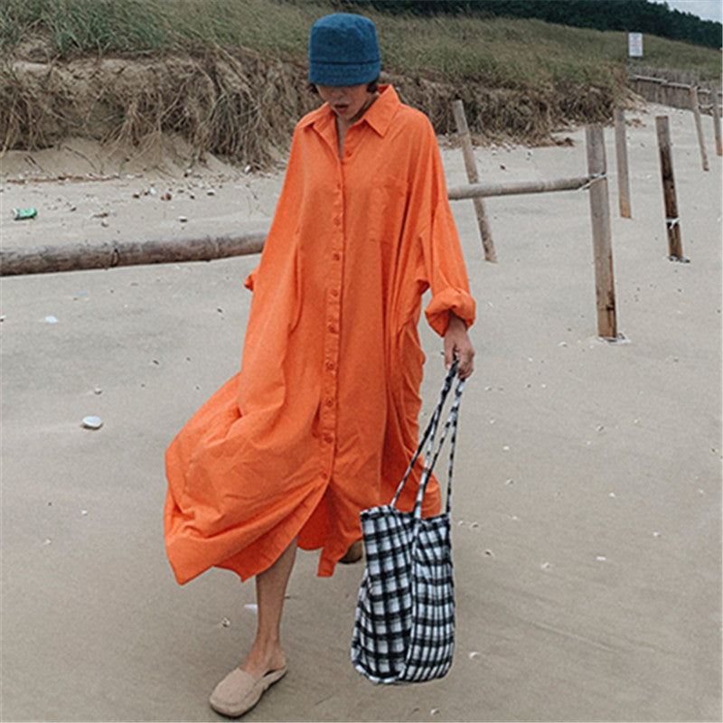 Damen Oversize-Hemdmaxikleid mit durchgehender Knopfleiste und weitem Fall Drune