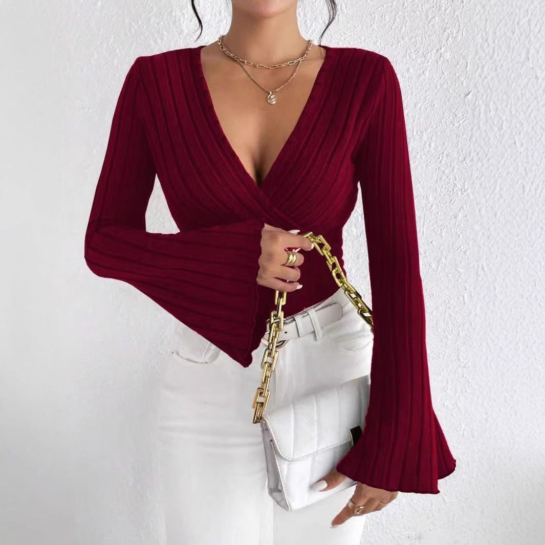 Damen Strickoberteil mit Wickeldesign und weitem Ärmel Drune