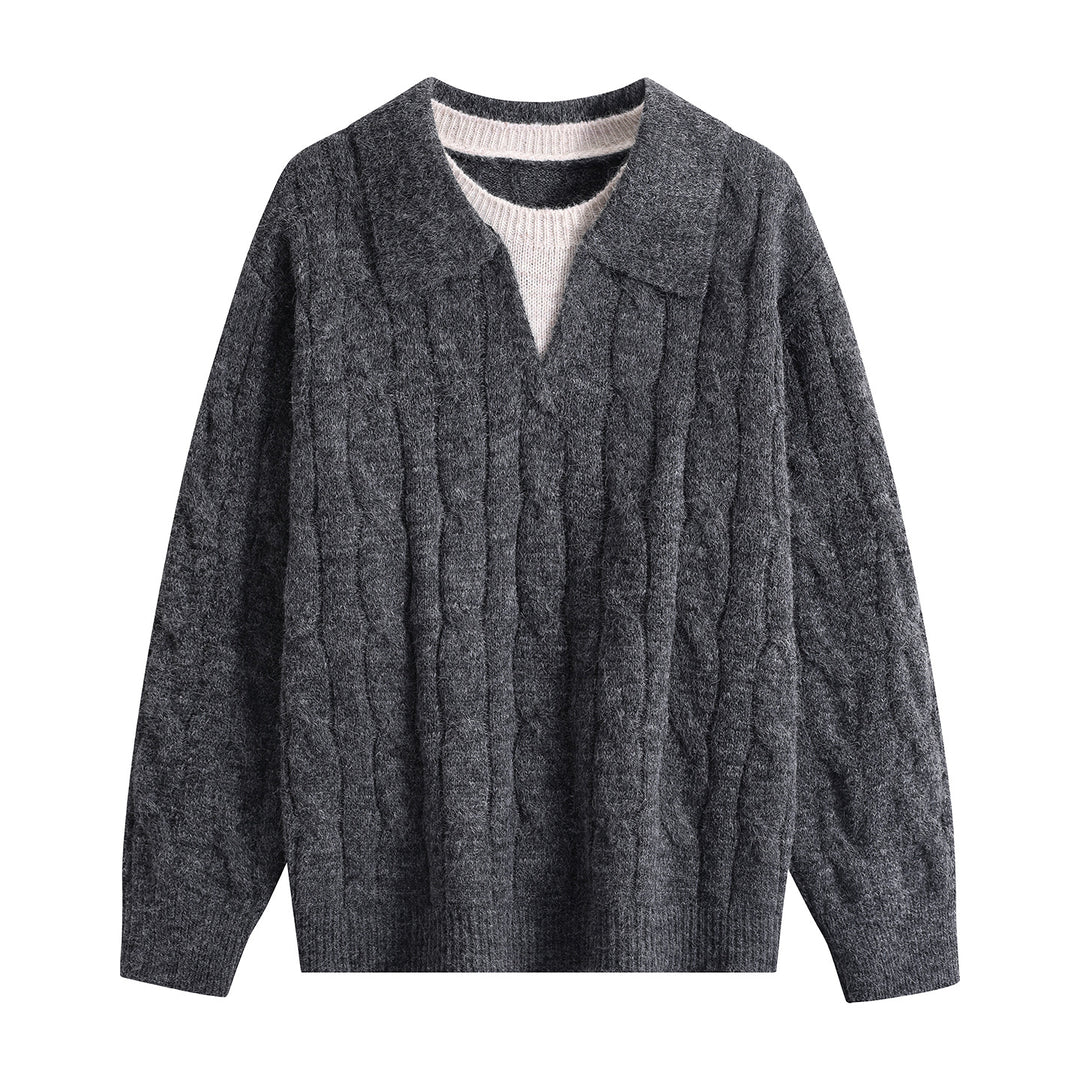 Damen Oversize Grobstrick-Pullover mit Polokragen und Zopfmuster Drune