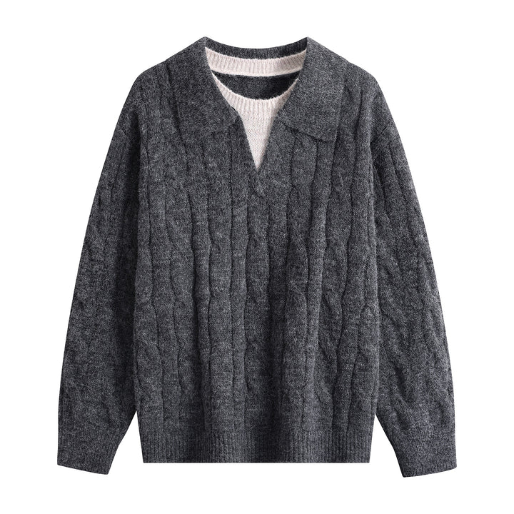 Damen Oversize Grobstrick-Pullover mit Polokragen und Zopfmuster Drune