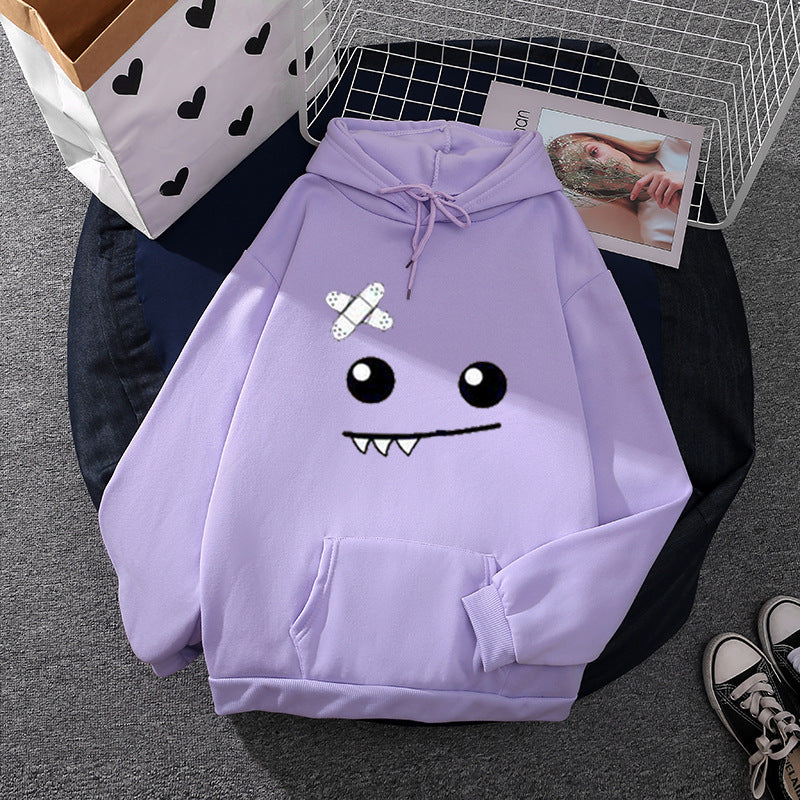 Damen nan Kapuzenpullover mit verspieltem Monstergesicht, Bandagen-Applikation und Kängurutasche Drune