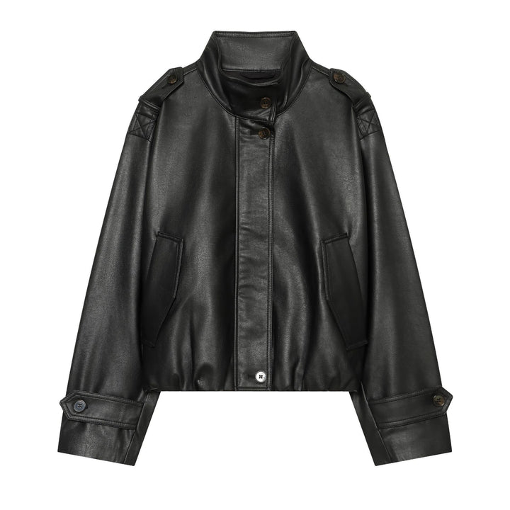 Damen Cropped Kunstleder‑Blousonjacke mit Funnelkragen, Epauletten und elastischem Saum Drune