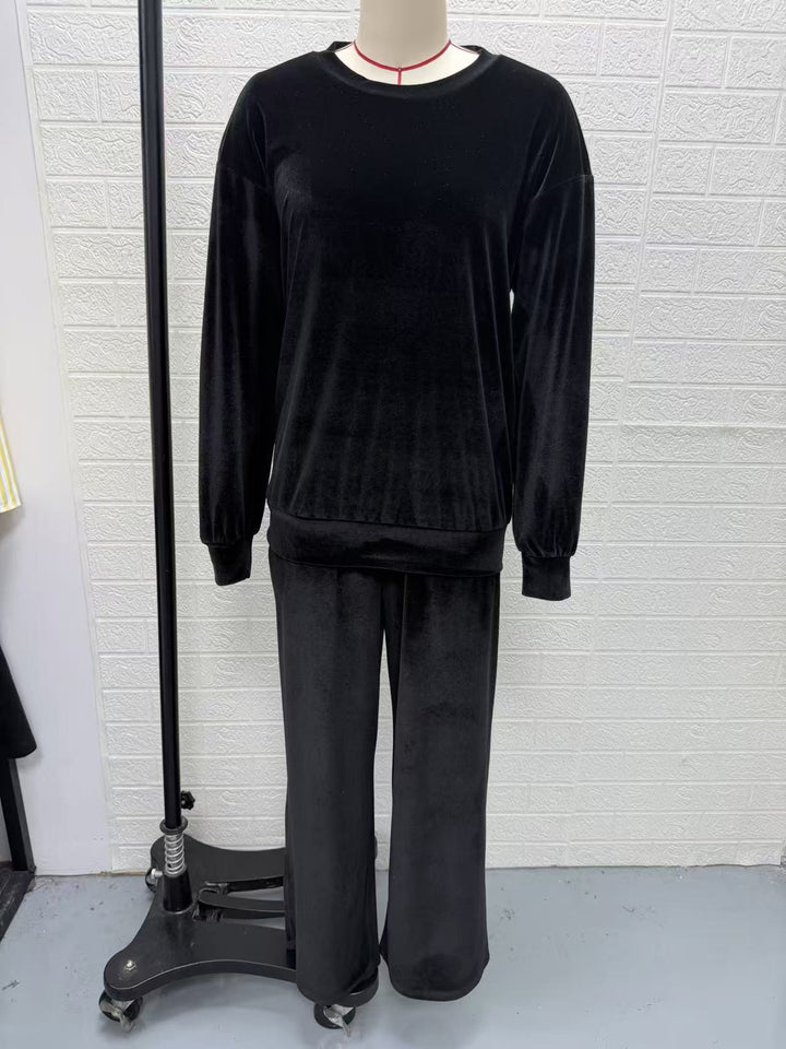 Damen Weiches Velours-Loungewear-Set mit weitem Bein und Rundhalsausschnitt Drune