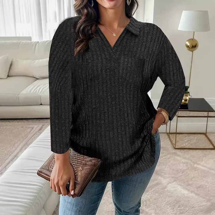 Damen Gerippter V-Ausschnitt Pullover mit Hemdkragen und lockerer Tunika-Silhouette Drune