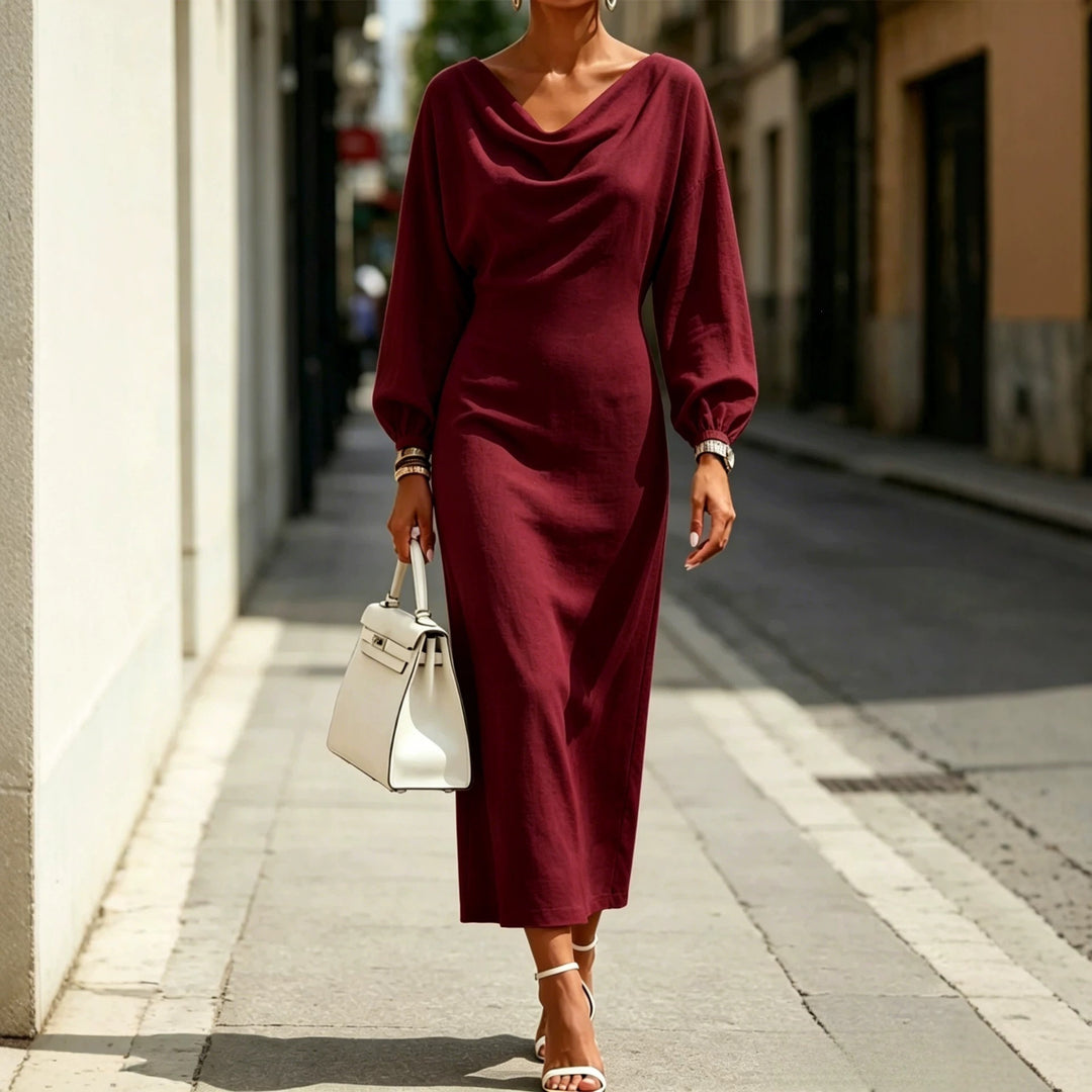 Damen Elegantes Midikleid mit drapiertem Ausschnitt, taillierter Silhouette und Ballonärmeln Drune