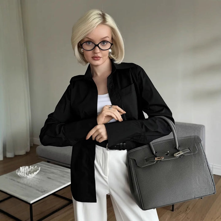 Damen Langarmbluse mit eleganter Knopfleiste und taillierter Passform Drune