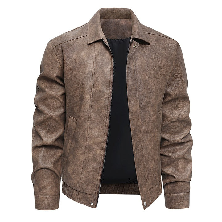 Herren Kurz geschnittene Kunstlederjacke im Vintage‑Look mit Hemdkragen & durchgehendem Reißverschluss Drune