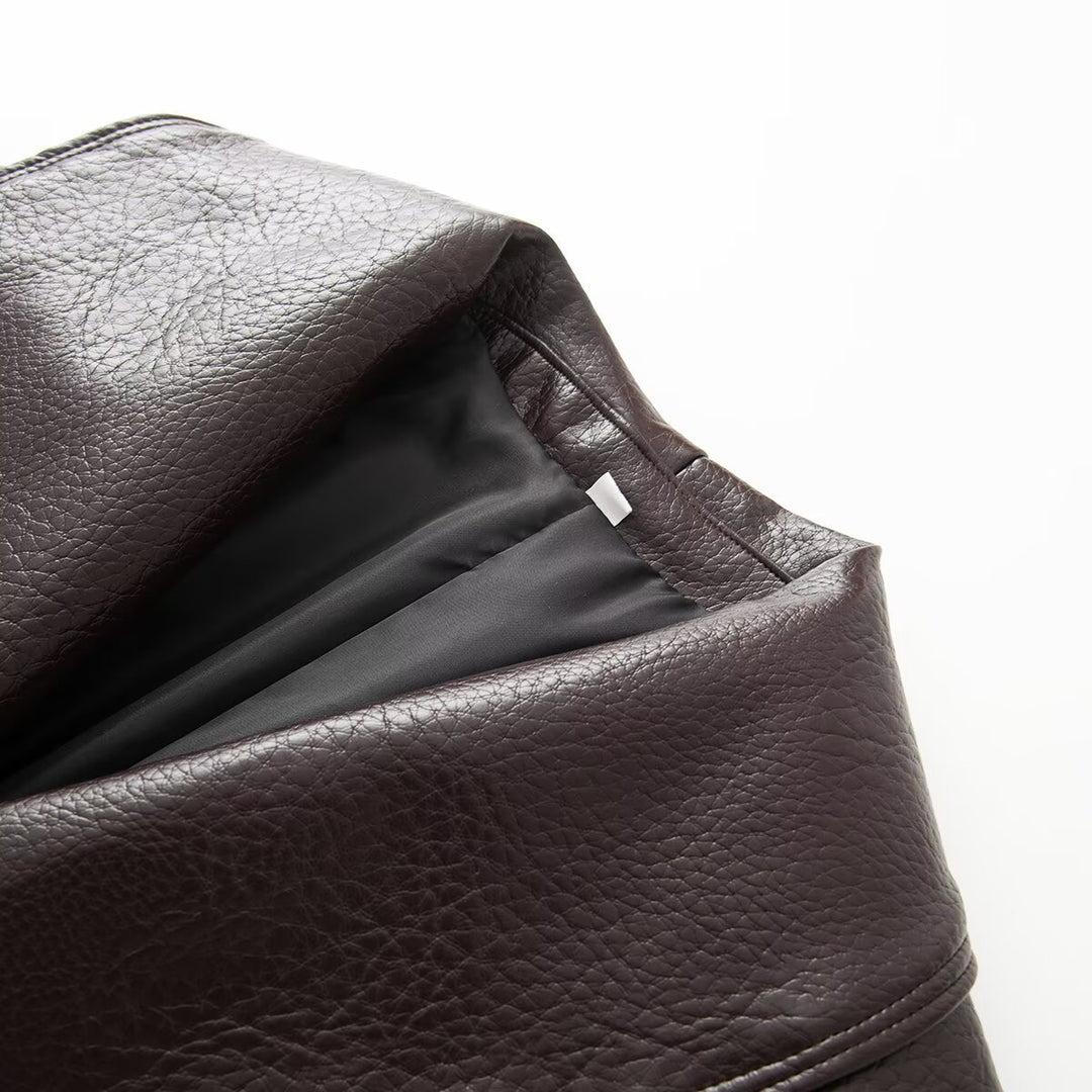 Damen Kurzgeschnittene Wickeljacke aus Lederoptik mit großem Schalkragen und Taillengürtel Drune