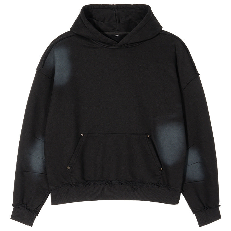 Unisex Oversized Kapuzenpullover mit ausgefranstem Saum, Kängurutasche und verwaschenem Bleicheffekt Drune