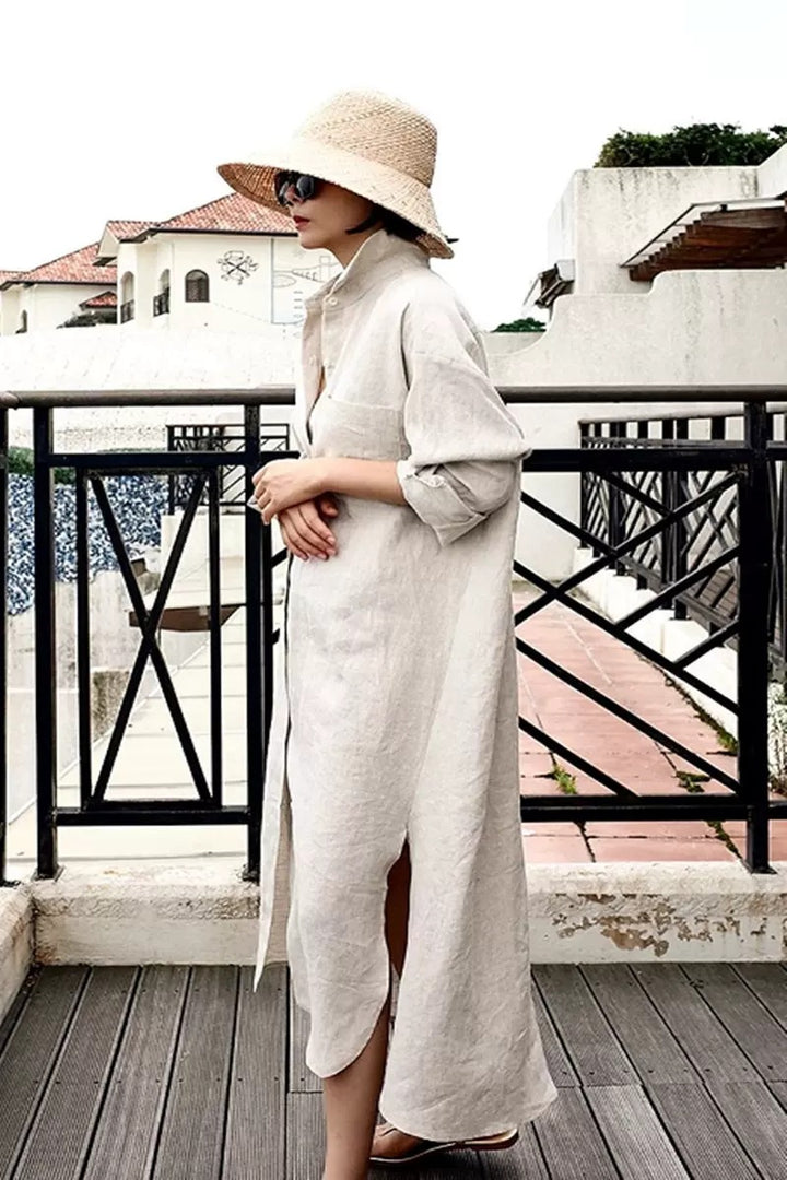 Damen Oversize-Leinen-Hemdmaxikleid mit Stehkragen, Krempelärmeln und hohen Seitenschlitzen Drune