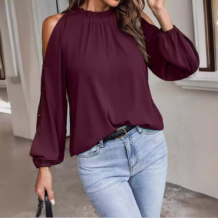 Damen elegante Bluse mit Carmen-Ausschnitt und voluminösen Ärmeln Drune
