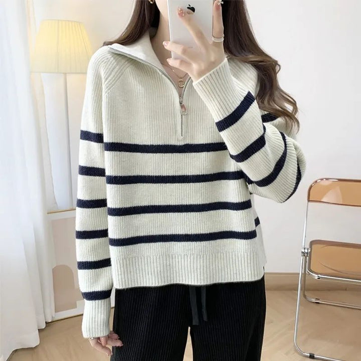 Damen gemütlicher Strickpullover mit Halbzipper Drune