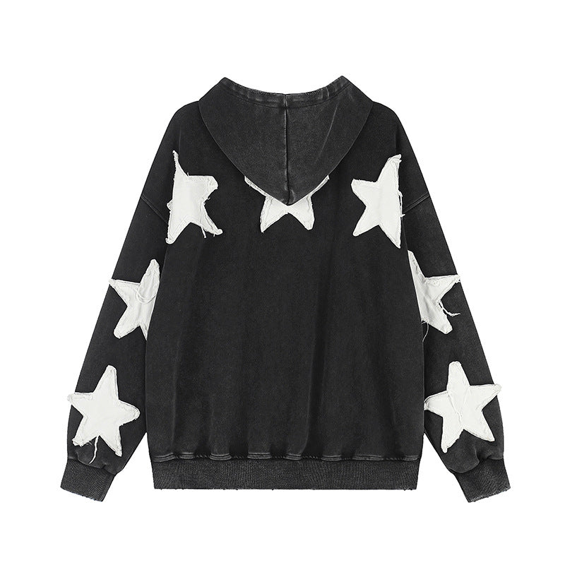 Damen Oversize Kapuzen-Sweatshirt mit Stern-Applikationen und Vintage-Waschung Drune