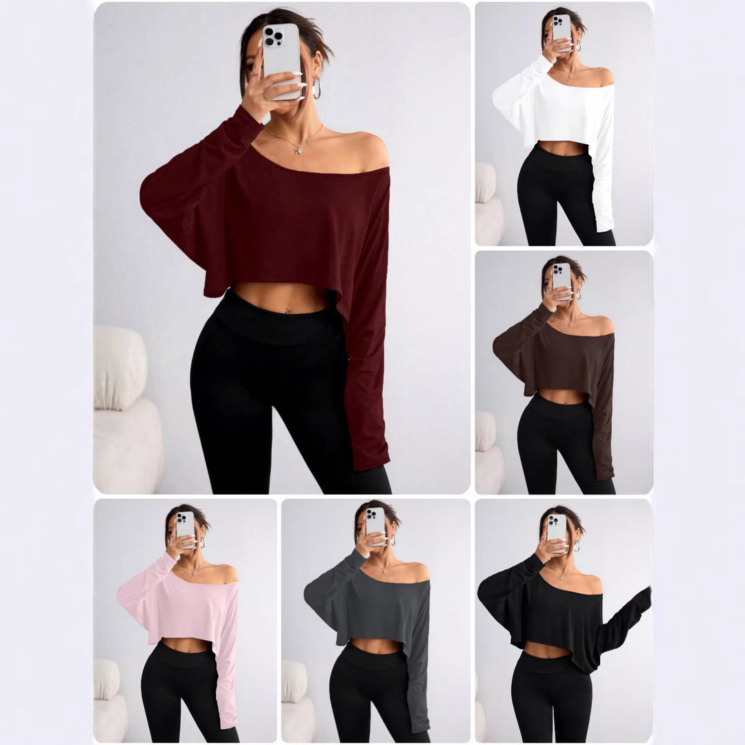 Damen Lässiges Crop-Top mit weitem Schnitt und asymmetrischem Ausschnitt Drune