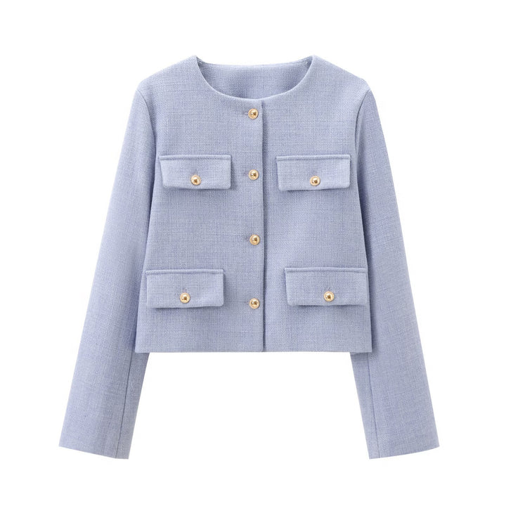 Damen nan kurz geschnittene Bouclé-Tweedjacke mit Rundhalsausschnitt Zierknopfdetails und aufgesetzten Pattentaschen Drune
