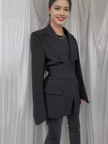 Drune | Blazer Longline Tailored Fit Selbstbinder Taille Revers Taschen