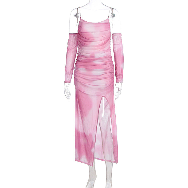 Damen Maxikleid mit raffinierten Rüschendetails und transparenten Ärmeln Drune
