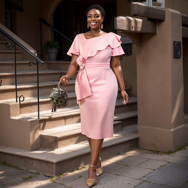Damen Figurbetontes Kleid mit Rüschendetails und Taillengürtel Drune
