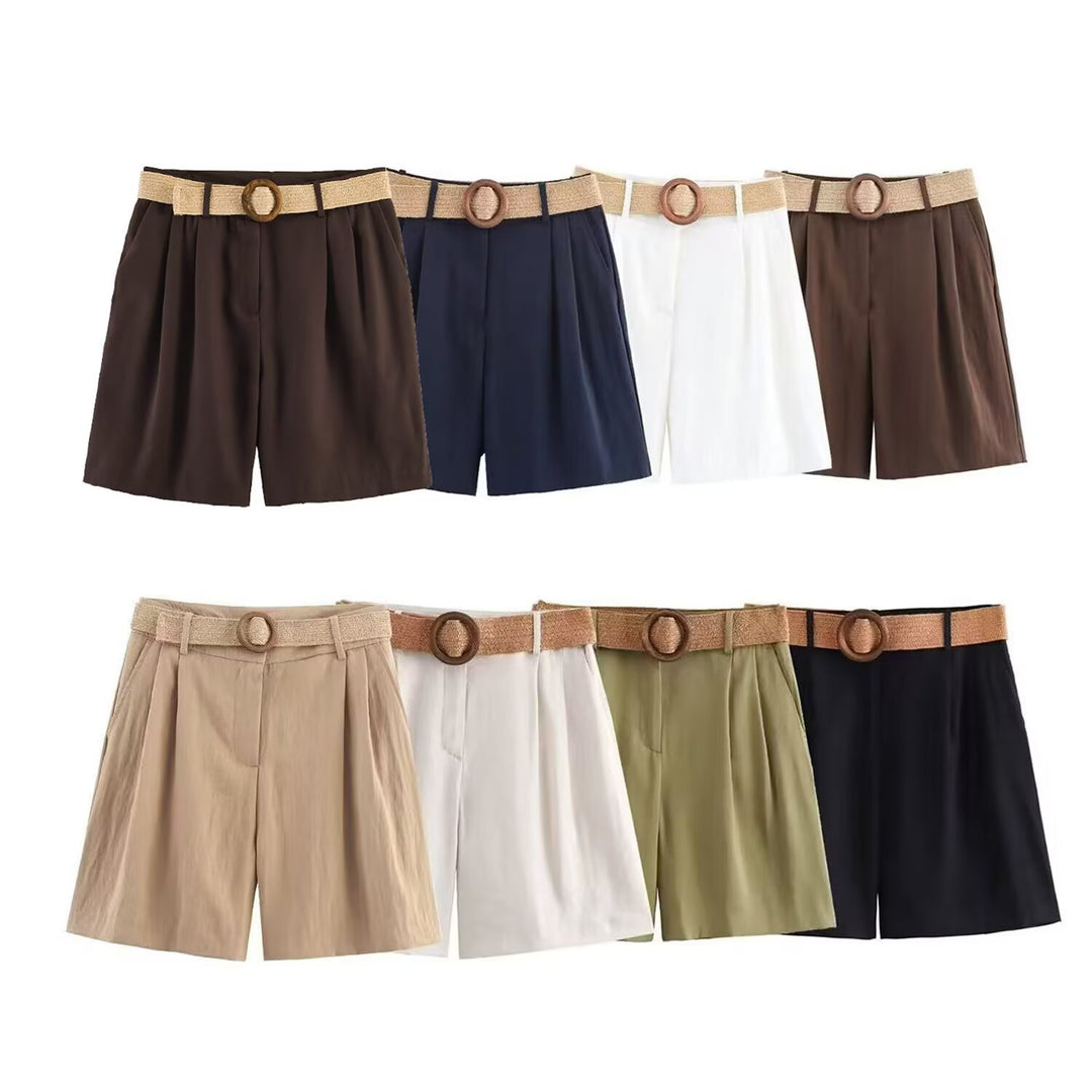 Damen elegante Shorts mit breitem, geflochtenem Gürtel Drune
