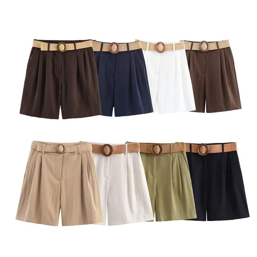 Damen elegante Shorts mit breitem, geflochtenem Gürtel Drune