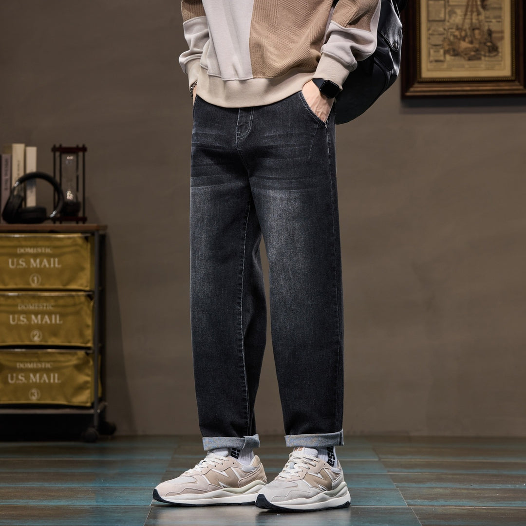 Herren Weite gerade geschnittene Denim-Jeans mit Used‑Wash und Umschlagbund Drune