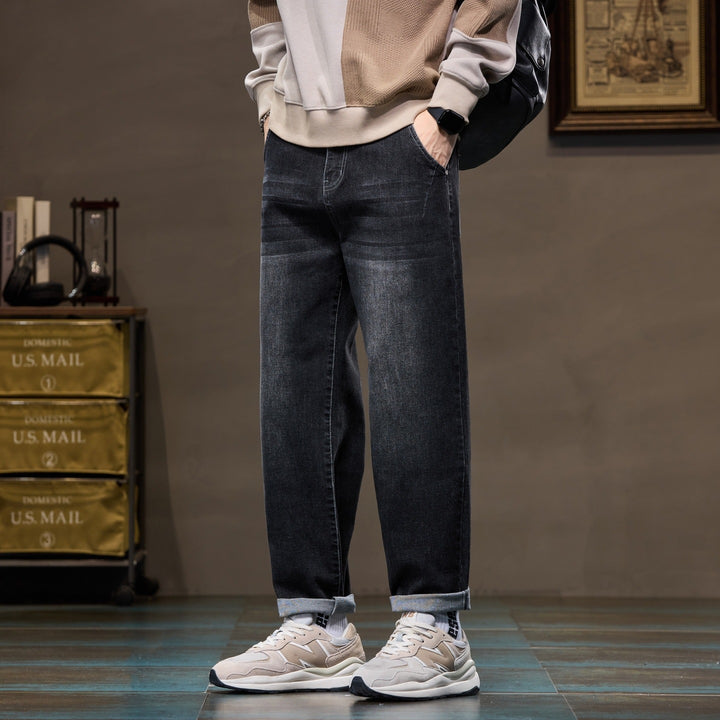 Herren Weite gerade geschnittene Denim-Jeans mit Used‑Wash und Umschlagbund Drune