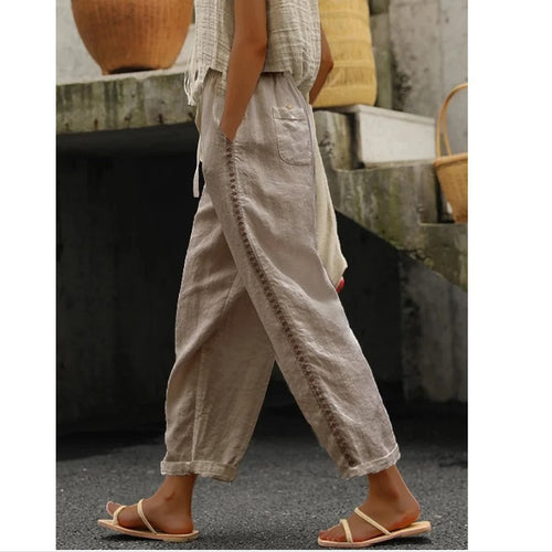 Damen Leichte Leinenhose mit seitlichen Knopfdetails Drune