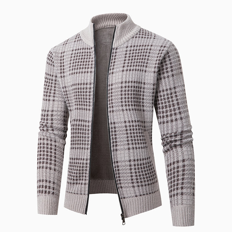 Herren Feinstrick-Zipcardigan mit Glencheck‑Muster, Stehkragen und Zwei‑Wege‑Reißverschluss Drune